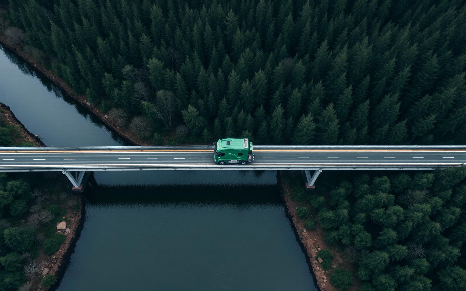 Truck crossing a forest bridge